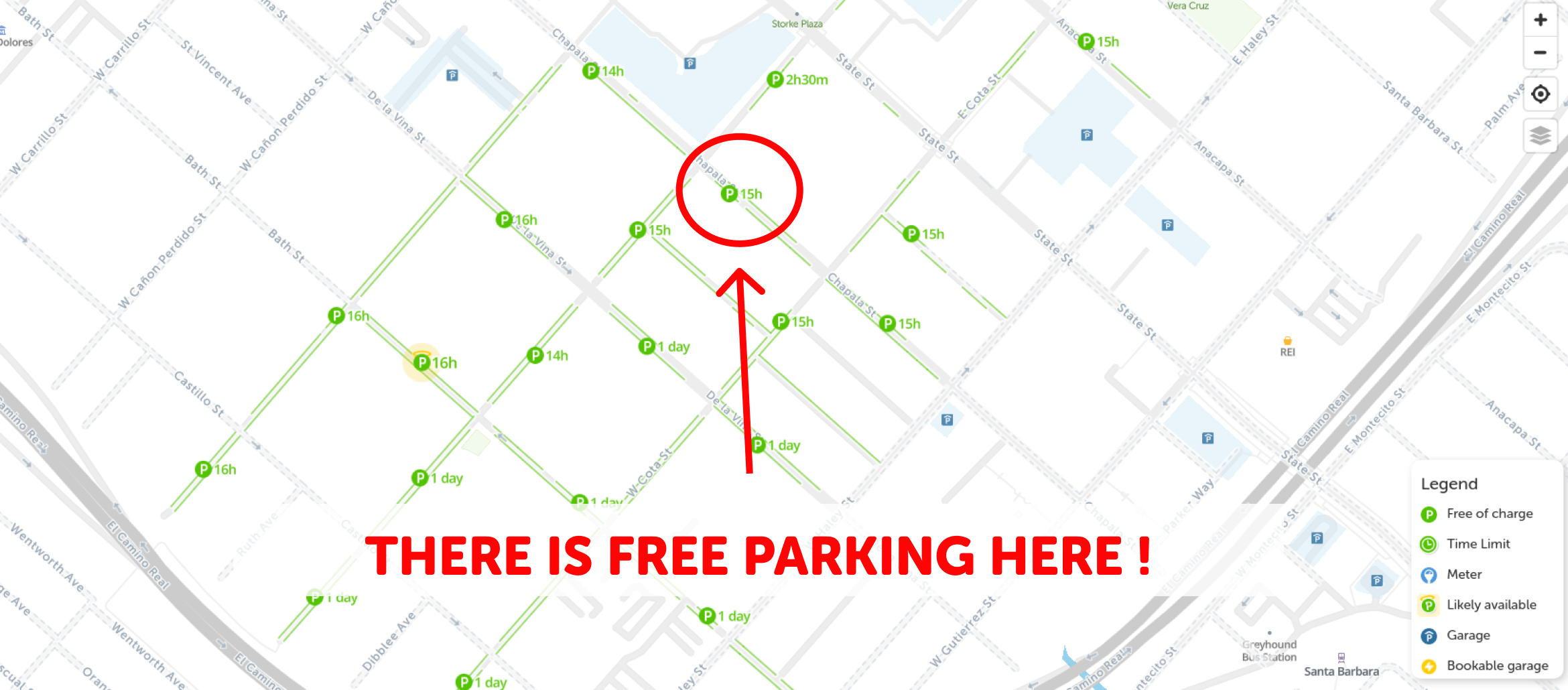 map of free parking in Santa barbara - SpotAngels